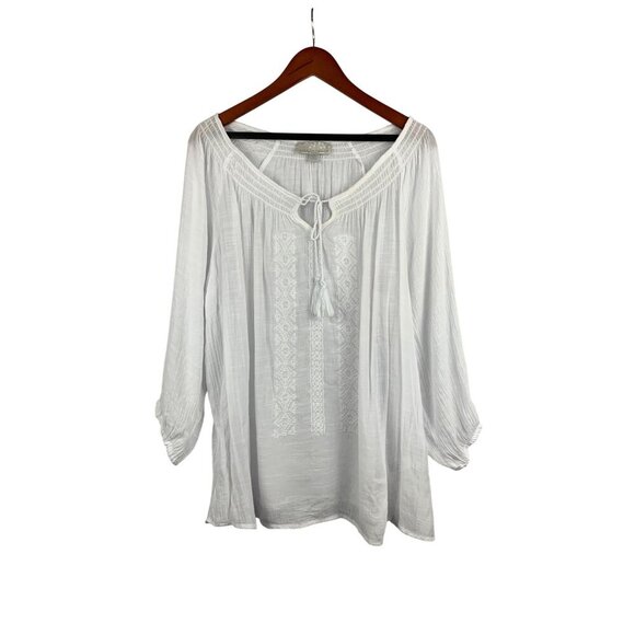 Carolyn Taylor Womens White Textured Boho Top 1X Polyester & Cotton Blend - Picture 1 of 5